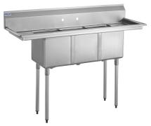 Kratos 66" 18-Gauge Stainless Steel Three Compartment Sink with 2 Drainboards - 14"x16"x12" Bowls