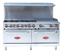 Kratos 60"W, 6 Burner Gas Range with 24" Griddle, LP Gas, Includes (3) 10" Diam. Natural Finish Fry Pans