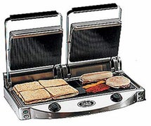 Cadco CPG-20 Panini Grill - Glass, Ceramic Plate Double Grill, Ribbed Top/Smooth Bottom