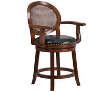26'' High Espresso Wood Counter Height Stool with Arms and Black Faux Leather Swivel Seat