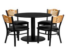 Flash Furniture 36'' Round Black Laminate Table Set with 4 Wood Slat Back Metal Chairs - Black Vinyl Seat