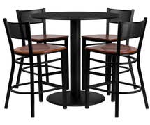 Flash Furniture MD-0018-GG 36'' Round Black Laminate Table Set with 4 Grid Back Metal Bar Stools - Cherry Wood Seat