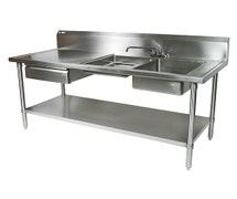 Stainless Steel Prep Table, 96"Wx30"D - (2) Sinks, Utensil Drawer And Cutting Board, Sinks on Right