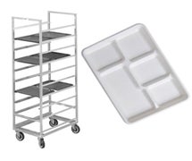 Mobile Cafeteria Tray Rack Combo - Includes Mobile Tray Rack and Case of 500 Disposable Compartment Trays