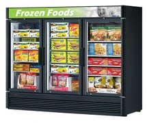 Deluxe Swing Glass Door Freezer - 3 Doors, 12 Shelves, 71.3 Cu. Ft., Black