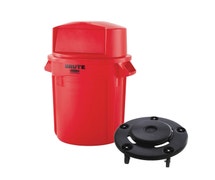 Rubbermaid Brute 32-Gallon Round Trash Can Kit with Domed Lid and Dolly, Red