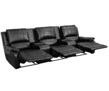 Allure Series 3-Seat Reclining Pillow Back Black Faux Leather Theater Seating Unit with Cup Holders