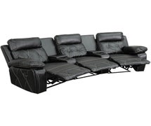 Reel Comfort Series 3-Seat Reclining Black Faux Leather Theater Seating Unit with Curved Cup Holders
