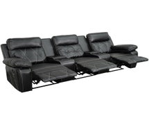 Reel Comfort Series 3-Seat Reclining Black Faux Leather Theater Seating Unit with Straight Cup Holders