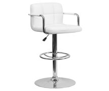 Contemporary White Quilted Vinyl Adjustable Height Barstool with Arms and Chrome Base  