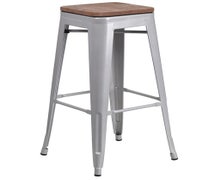 Flash Furniture CH-31320-30-SIL-WD-GG 30" High Silver Metal Barstool, Square Wood Seat, Backless