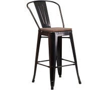 Flash Furniture CH-31320-30GB-BL-WD-GG Lily 30" High Metal Barstool with Back and Wood Seat, Black Antique Gold