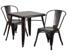 Black-Antique Gold Metal Indoor-Outdoor Table Set with 2 Stack Chairs  