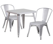 Silver Metal Indoor-Outdoor Table Set with 2 Stack Chairs  