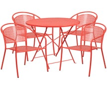 30'' Round Coral Indoor-Outdoor Steel Folding Patio Table Set with 4 Round Back Chairs