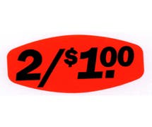 Bollin Label Red 2/$1.00 Price Point Grabber Grocery Store Labels Black Imprint - 1 3/8"L x 7/8"H