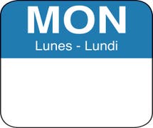 HUBERT Blue/White Tri-Lingual Day Of The Week Labels Monday - 1" Square