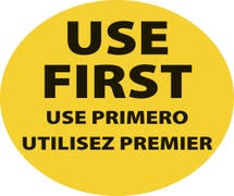 HUBERT Yellow Round Removable Tri-Lingual "Use First" Label Black Imprint - 2"Dia
