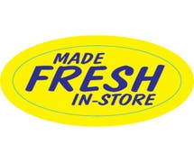 Expressly HUBERT Yellow Product Label Blue Imprint "Made Fresh In-Store" - 1 1/2"L x 3/4"H