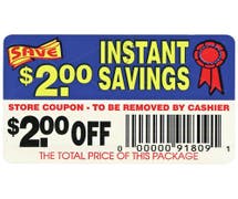 Bollin Label $2.00 Off Instant Savings Coupon Adhesive Food Labels - 3"L x 2"H