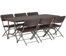 Flash Furniture DAD-YCZ-172-61-GG 32.5''W x 67.5''L Brown Rattan Plastic Folding Table Set with 6 Chairs