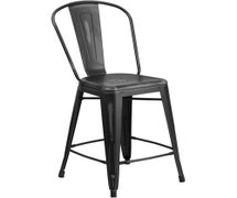 Flash Furniture ET-3534-24-BK-GG Distressed Metal Bar Stool with Back, 24"H, Black
