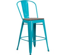 Flash Furniture ET-3534-30-CB-WD-GG 30" High Teal Blue Metal Barstool with Back, Wood Seat