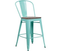 Flash Furniture ET-3534-30-MINT-WD-GG 30" High Mint Green Metal Barstool with Back, Wood Seat