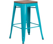 Flash Furniture ET-BT3503-30-CB-WD-GG 30" High Teal Blue Metal Barstool, Wood Seat, Backless