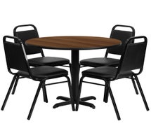 Flash Furniture HDBF1004-GG 36'' Round Walnut Laminate Table Set with 4 Black Trapezoidal Back Banquet Chairs 