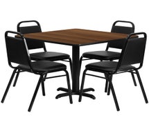 Flash Furniture HDBF1012-GG 36'' Square Walnut Laminate Table Set with 4 Black Trapezoidal Back Banquet Chairs 