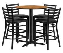 Flash Furniture HDBF1023-GG 30'' Round Natural Laminate Table Set with 4 Ladder Back Metal Bar Stools - Black Vinyl Seat 