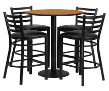 Flash Furniture RSRB1023-GG 30'' Round Natural Laminate Table Set with 4 Ladder Back Metal Bar Stools - Black Vinyl Seat 