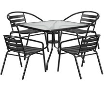 Flash Furniture TLH-0732SQ-017CBK4-GG 31.5'' Square Glass Metal Table with 4 Black Metal Aluminum Slat Stack Chairs