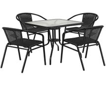 Flash Furniture TLH-073SQ-037BK4-GG 28'' Square Glass Metal Table with Black Rattan Edging and 4 Black Rattan Stack Chairs