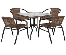 Flash Furniture TLH-073SQ-037BN4-GG 28'' Square Glass Metal Table with Dark Brown Rattan Edging and 4 Dark Brown Rattan Stack Chairs