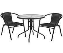 Flash Furniture TLH-087RD-037BK2-GG 28'' Round Glass Metal Table with Black Rattan Edging and 2 Black Rattan Stack Chairs