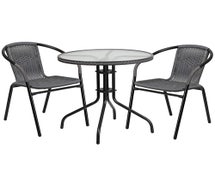 Flash Furniture TLH-087RD-037GY2-GG 28'' Round Glass Metal Table with Gray Rattan Edging and 2 Gray Rattan Stack Chairs