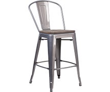 Flash Furniture XU-DG-TP001B-30-WD-GG Lincoln 30" High Clear-Coated Metal Barstool with Back and Wood Seat