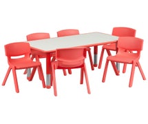 Flash Furniture 23.625''W x 47.25''L Rectangular Red Plastic Height Adjustable Activity Table Set with 6 Chairs